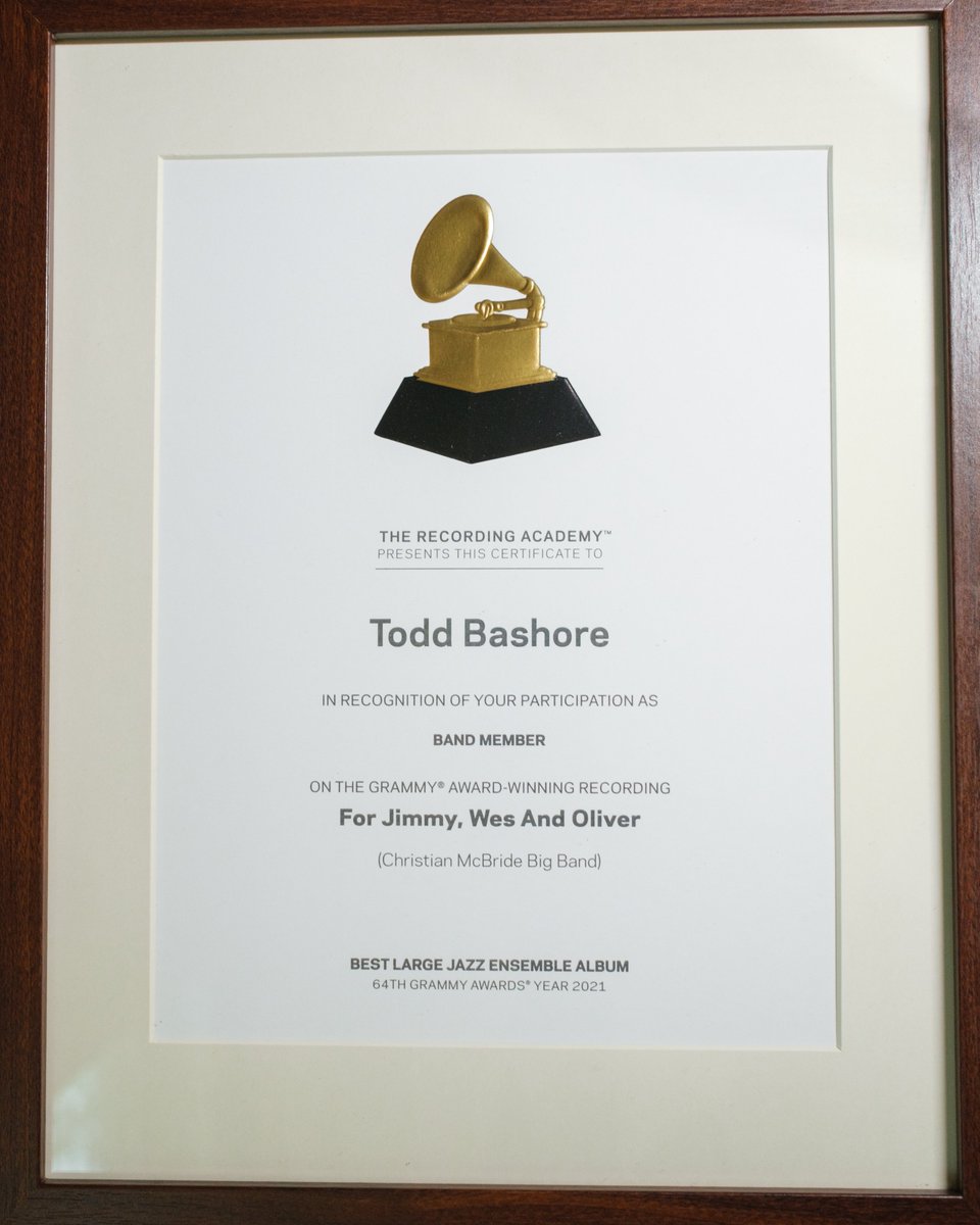 bashoremusic's tweet photo. Just did a little workspace decor update, as a few recent Grammy certificates arrived! Much love and gratitude to Christian McBride, Arturo O'Farrill, Orrin Evans, Emilio Solla, Doug Beavers, and Charles Tolliver for including me on so many of your amazing projects!!! https://t.co/YXaQFtAKkn