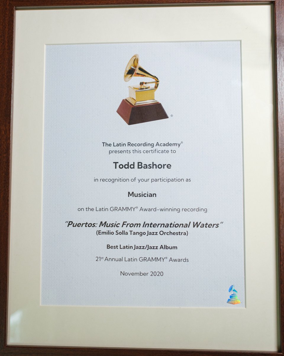 bashoremusic's tweet photo. Just did a little workspace decor update, as a few recent Grammy certificates arrived! Much love and gratitude to Christian McBride, Arturo O'Farrill, Orrin Evans, Emilio Solla, Doug Beavers, and Charles Tolliver for including me on so many of your amazing projects!!! https://t.co/YXaQFtAKkn