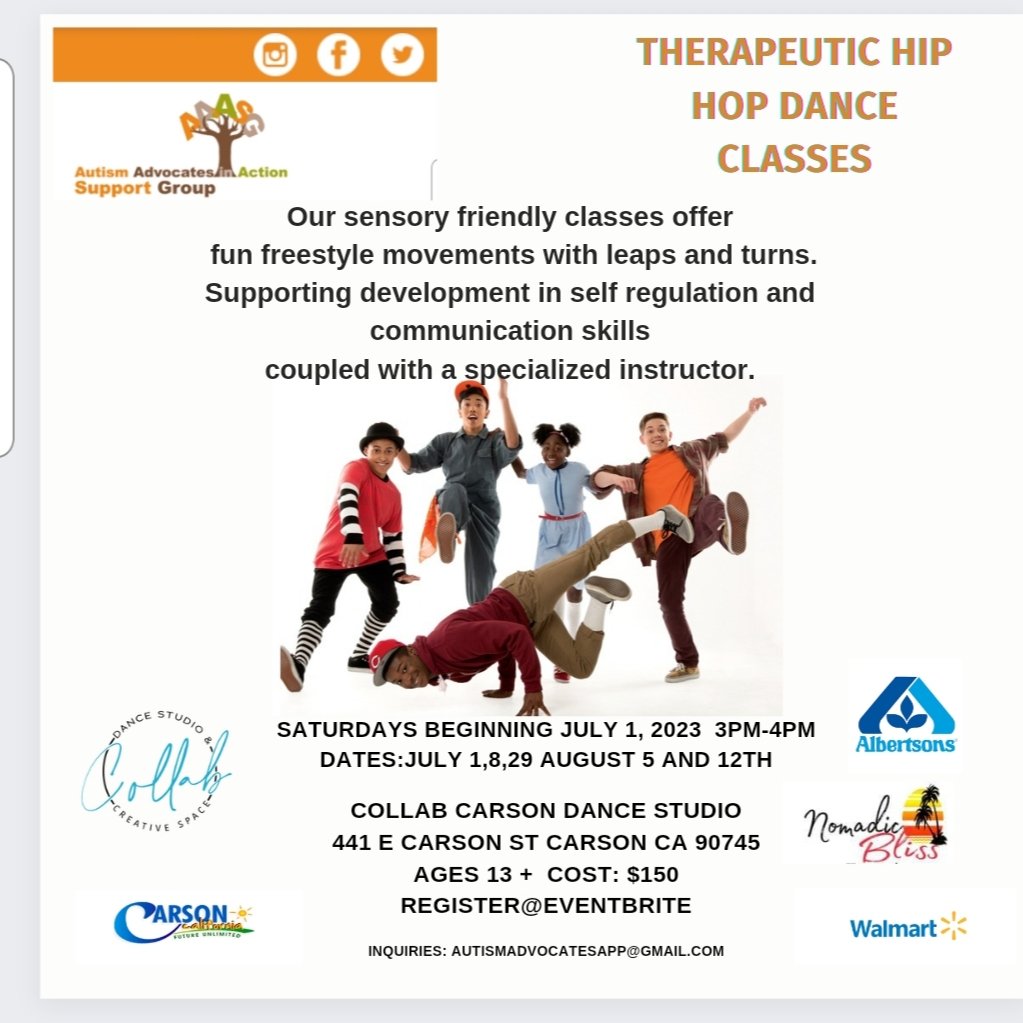 Serving the community with therapeutic #hiphopdanceclasses for #differentabilities. Register on #Eventbrite #Autism #AutismAwareness #cityofcarson #aaiasg #socialrecreation #specialneeds #nonprofitprograms #community #socialskills #inclusivedanceclasses