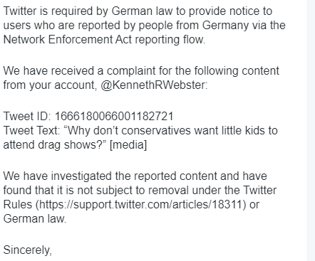 Someone in Germany reported me for this tweet (see below)

Are Germans mad because the drag queens are performing for kids or because I'm criticizing drag queens?