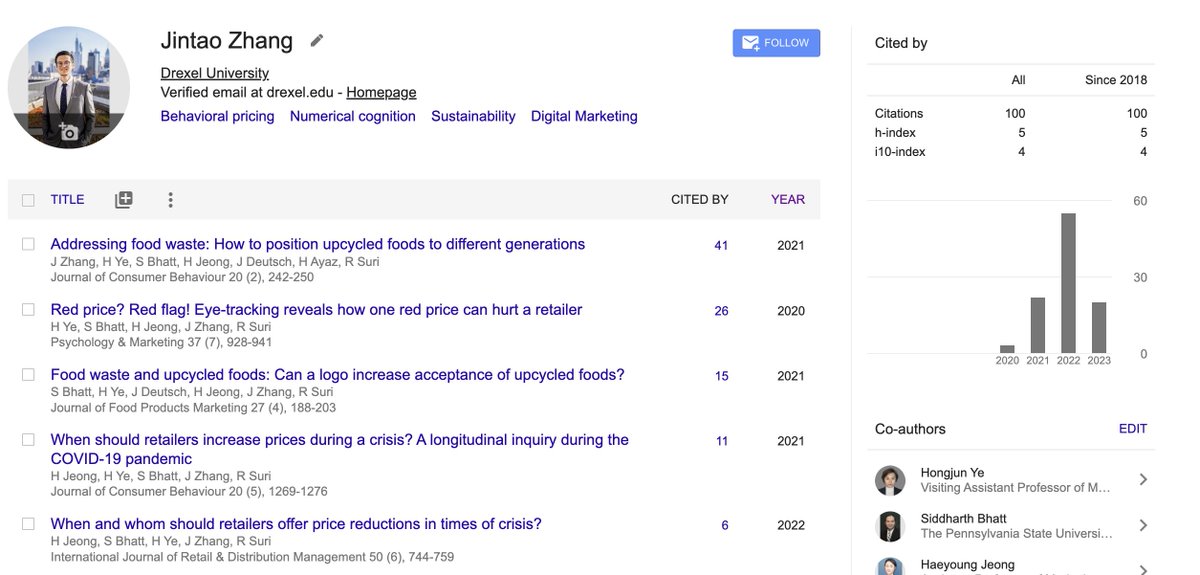 Round number achievement of my google scholar citation! I feel so grateful for collaborating with my wonderful co-authors! Onward and forward! #academia #roundnumber #numericalprocessing #consumerpsychology