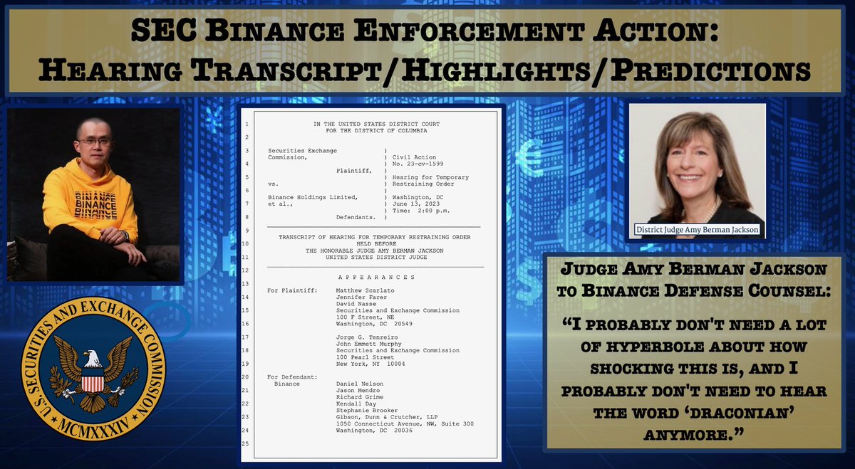 Binance/SEC Newsflash: Updated Predictions and Analysis Together With Key Excerpts of Yesterday’s TRO Hearing and a Link to the Hearing’s Transcript 

Late yesterday afternoon, US District Judge Amy Berman Jackson explained that she would prefer if the SEC and Binance worked out…