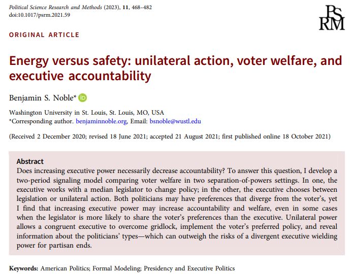 PSRMJournal's tweet photo. #Vol11Iss3 | Can a stronger executive increase accountability? @benjaminsnoble uses a two-period signalling model to show that increased executive power increases voter welfare and accountability when compared to weaker executives.
Article here: https://t.co/yltjj7YuF4 https://t.co/OV0achp9Ts