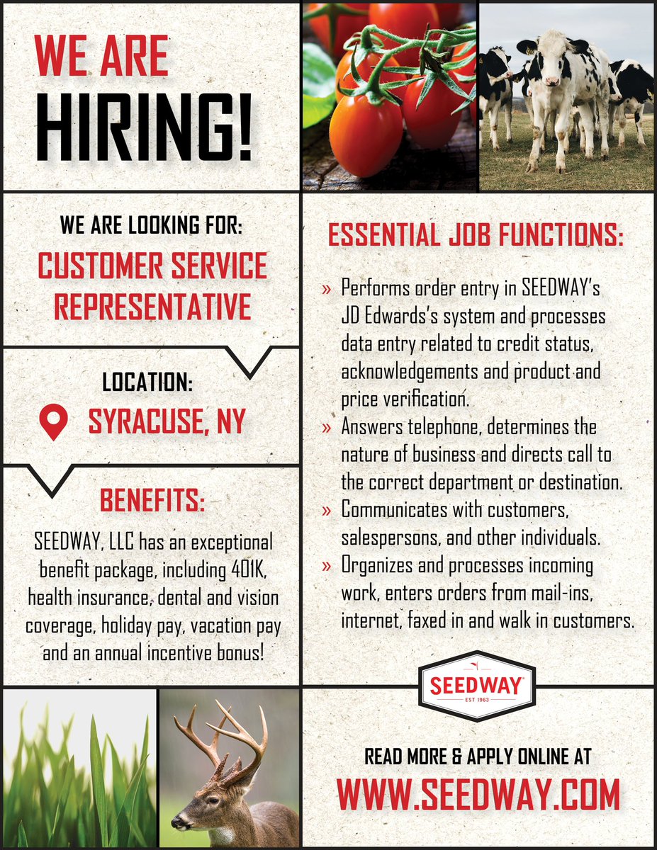 Work With Us Wednesday! 🌱
 
We are currently looking for a Customer Service Representative in Syracuse, NY. To learn more and apply online visit jobs.growmark.com/seedway