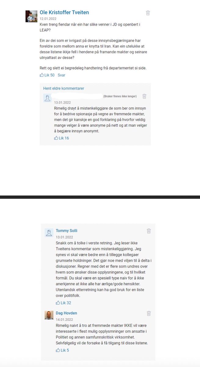 NITECH30's tweet photo. På Kilden under kommentaren fra Tveiten om at @jonasali er spion, tar en politiansatt oss i forsvar. Jeg merker meg at den brukeren ikke finnes lenger. Responsen hen får er tonen i debatten-kortet fordi en skal ikke "tillegge kollegaer grumsete holdninger."
#NarkoTwitter https://t.co/qlBEiGpfvW