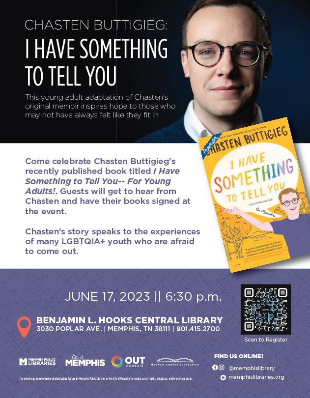 We are just two days away from Chasten Buttigieg telling his personal story.  This event is free, but registration is required.  Go to memphislibrary.org to register or scan the QR code.