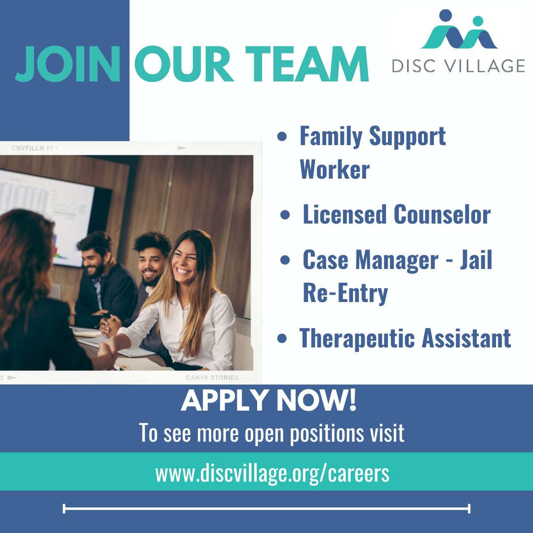 Our team is growing! To apply to one of our available positions visit discvillage.org/careers

#hiring #JoinOurTeam #ApplyNow #familysupportworker