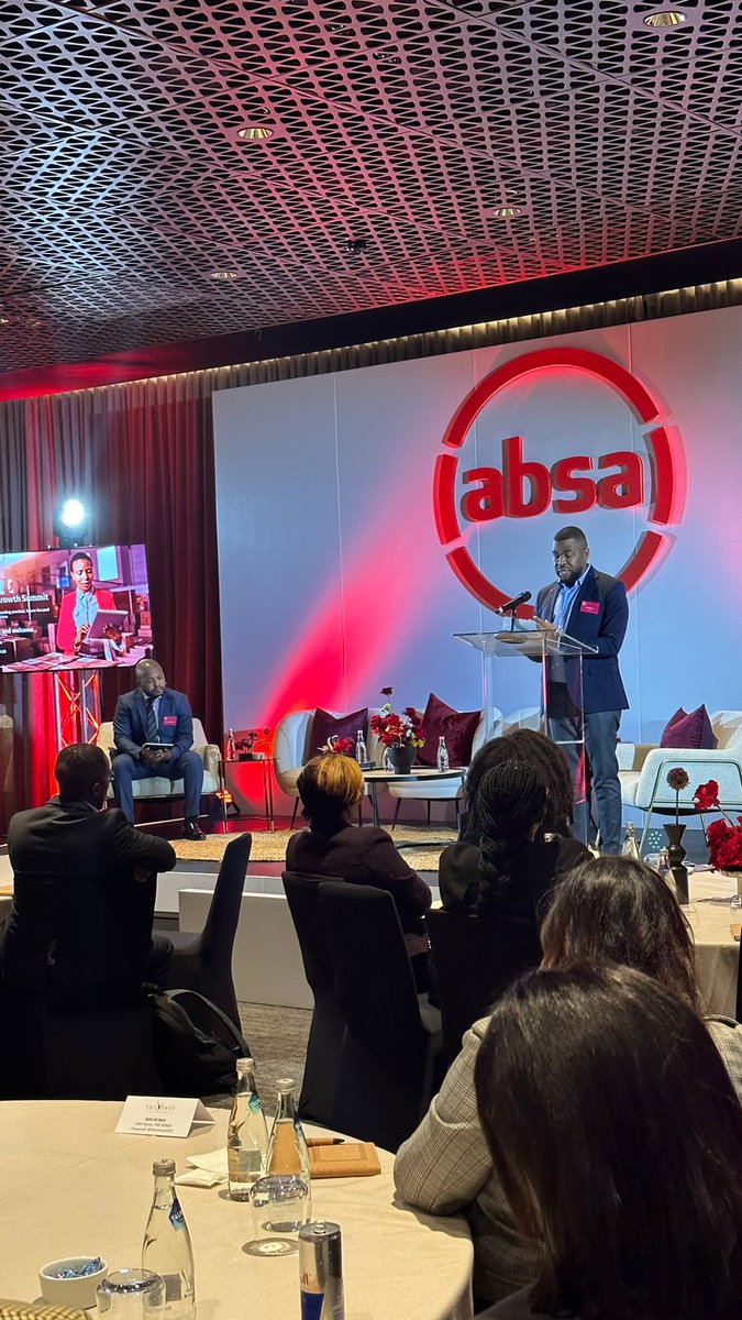 Absa's tweet photo. Head of Transactional Banking Sales, John Molanda has taken to the stage. “We hope that through today’s dialogue, the stories of your businesses are enriched and are ones of incredible growth" he shares. #AbsaGrowthSummit #AfricaExpertise https://t.co/QrFBTl2U7R