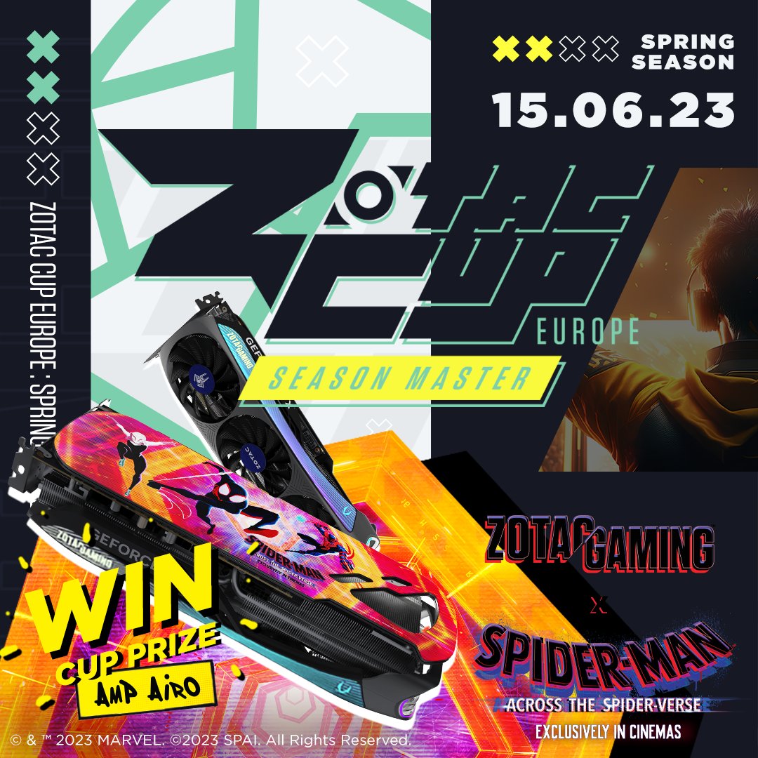 What does the winner get? A limited edition ZOTAC GAMING GeForce RTX 4070 Ti AMP AIRO Spider-Man: Across the Spider-Verse bundle. 

Register for the Spring Season now: zotaccup.com 

Spider-Man: Across the Spider-Verse, exclusively in cinemas.

#SpiderVerse