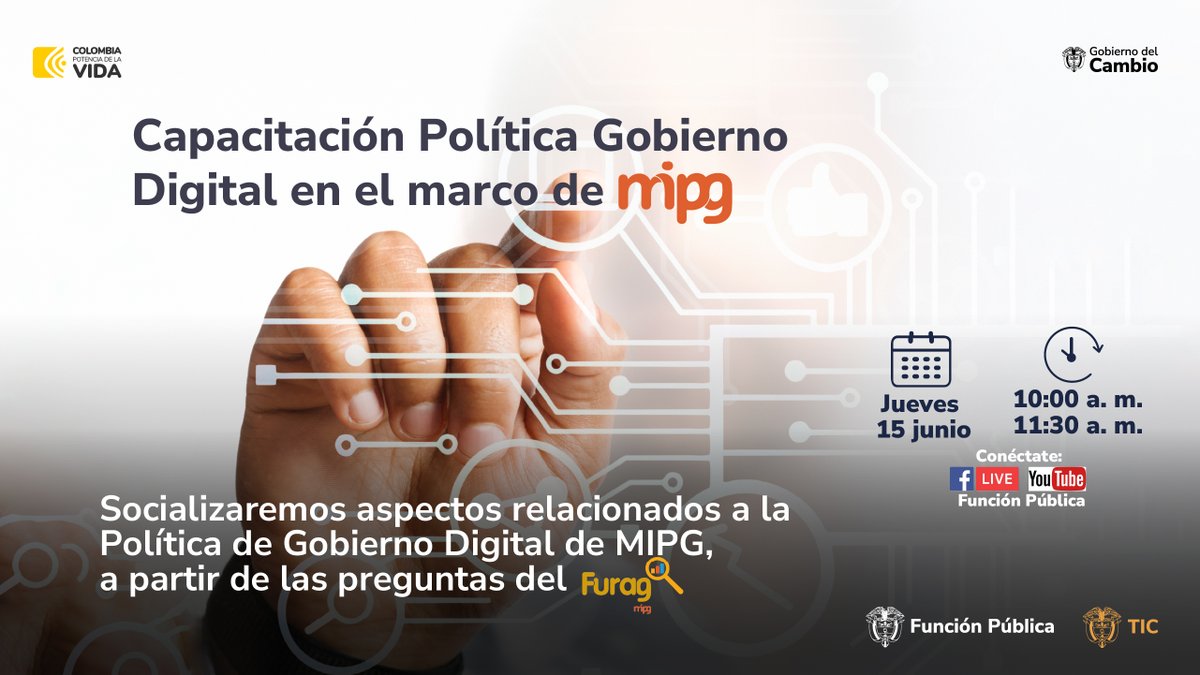 Ministerio_TIC's tweet photo. Tu opinión cuenta, el #MinTIC y @DAFP_COLOMBIA te invitan a ser parte de la 'Capacitación de la Política de Gobierno Digital' en el marco de MIPG, con las preguntas del Furag.

🗓️ jueves, 15 de junio
⏰ 10:00 a. m.

¡Conéctate a través del Facebook y YouTube de #FunciónPública! https://t.co/CSehFDqqGZ