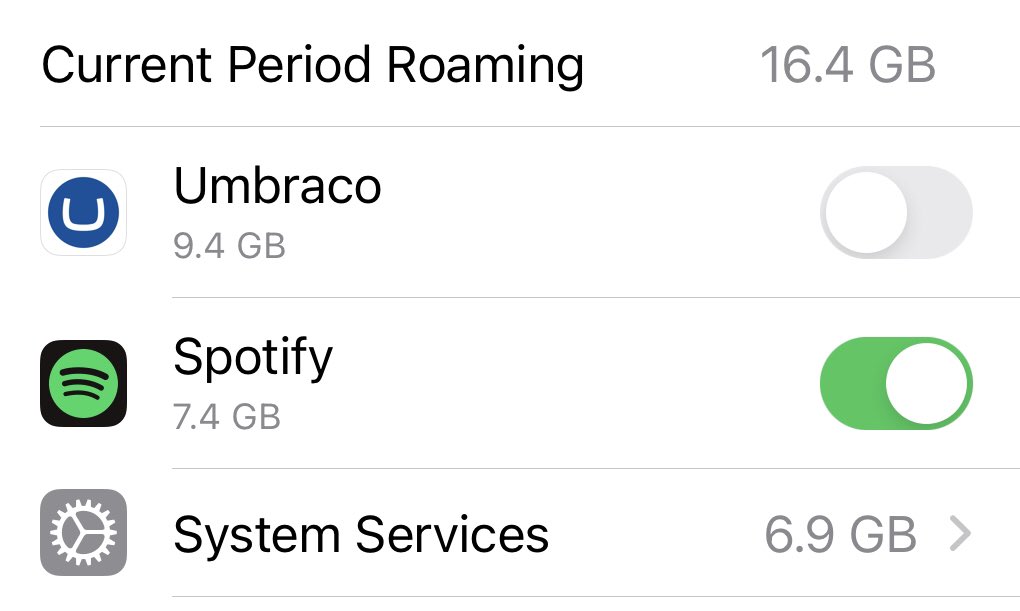 Matt Bliss (@mttblss) on Twitter photo 9.4GB from the <a href="/umbraco/">Umbraco HQ</a> app to view the #codegarden agenda 😲
About to exceed my fair usage roaming allowance on day one 😳. Mobile data now turned off, need to eek out those remaining MBs 9.4GB from the <a href="/umbraco/">Umbraco HQ</a> app to view the #codegarden agenda 😲
About to exceed my fair usage roaming allowance on day one 😳. Mobile data now turned off, need to eek out those remaining MBs
