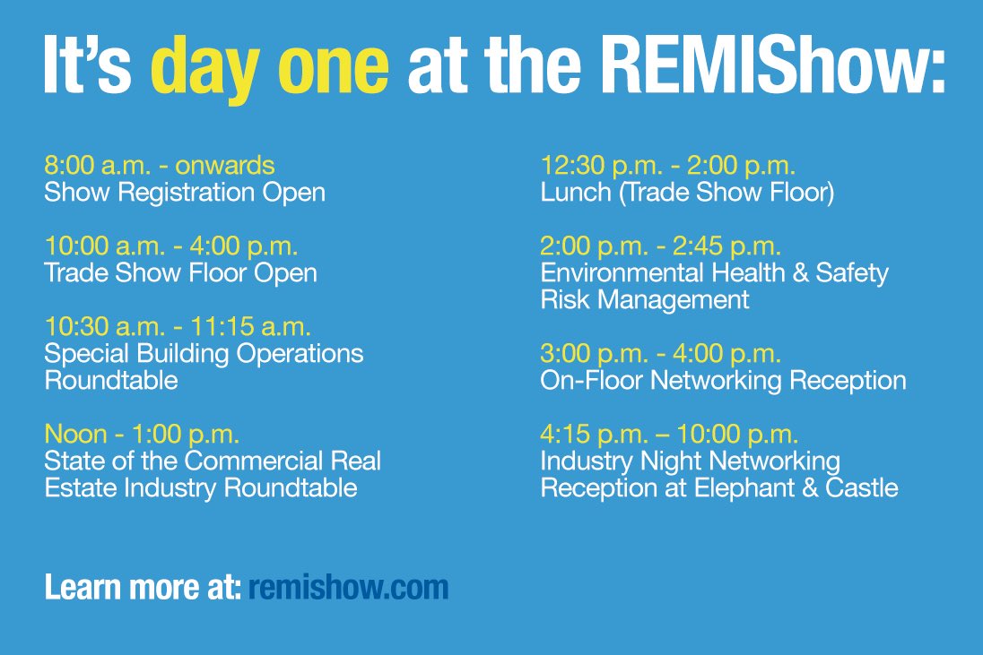 It’s day one at the 2023 #REMIShow!

#REMIShow 
#BUILDINGOWNERS
#PROPERTYMANAGERS
#FACILITYMANAGERS
#OPERATIONSMANAGERS