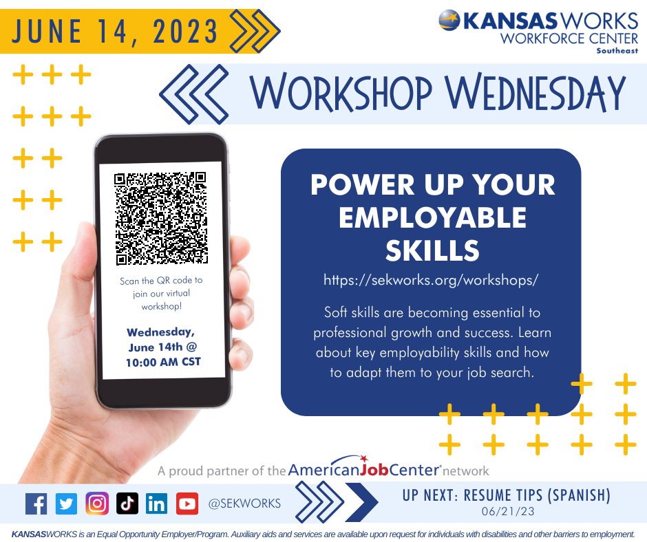 Join us for a soft skills workshop today at 10:00am! Visit sekworks.org/workshops and click the button on the right to join! #WorkshopWednesday #sekworks #softskills #kansasworks #employabilityskills #jobsearchtips