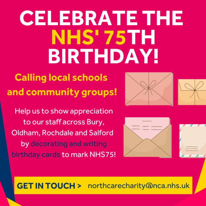 NCareCharity's tweet photo. Could you write your local NHS a birthday card? 💌 We're looking for schools and community groups to design and write cards for us to share with our amazing staff!

Interested? Get in touch by emailing northarecharity@nca.nhs.uk! 💛 #NHS75 #TeamNorthCare https://t.co/D3vzqZsAAG