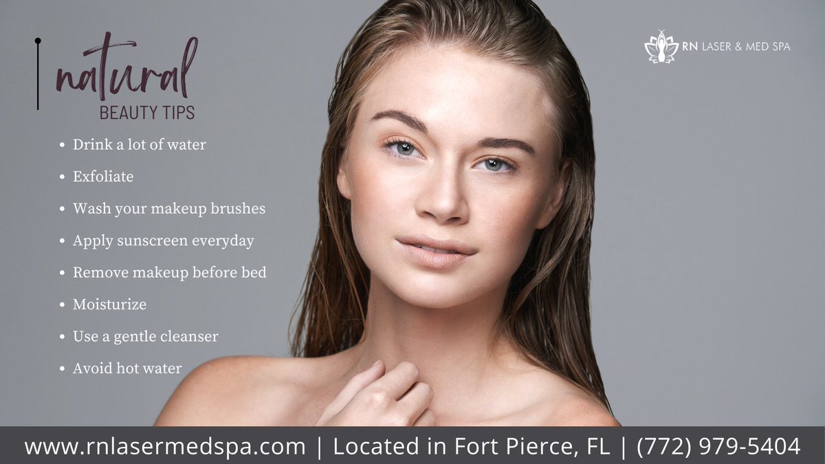 spa_rn's tweet image. Here a few fundamental tips for a natural beauty routine for clear skin! 
📞 Call Today! (772) 979-5404
🕑 Weekdays 2pm - 6pm
#naturalbeauty #rnlasermedspa #medspa #organic #summer #skincare #beauty #clearskin #exfoliate #acne #skingoals #beautybloggers #hydrafacial #facial