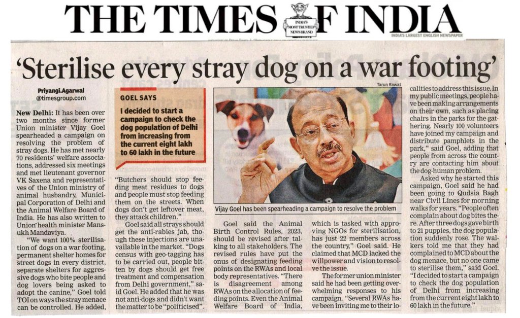 VijayGoelOffice's tweet photo. The Lok Abhiyan campaign against dog menace has been widely covered in today's The Times of India.
#DogBitesSolution https://t.co/KEPu4X8Men