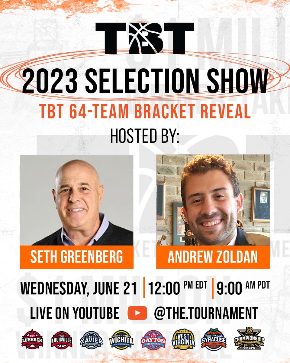 thetournament's tweet photo. 📺TBT 2023 SELECTION SHOW📺

One week from today the full TBT 2023 bracket will be revealed…

- Wednesday, June 21st
- 12:00pmEDT
- Watch on YouTube https://t.co/DYk5UdTL1Y

WHO WILL BE IN⁉️ https://t.co/AIlHYCp1vp