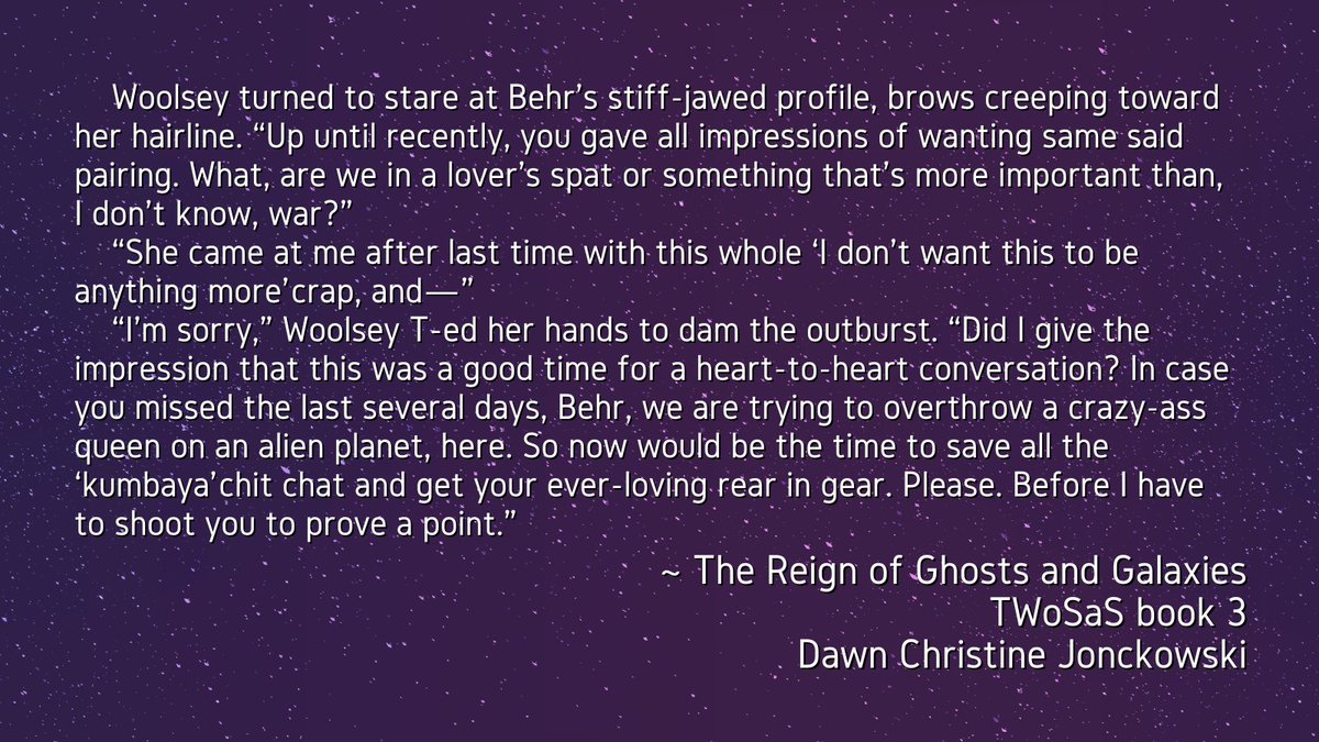 DawnCJonckowski's tweet image. It&apos;s #WIPpetWednesday!
Woolsey doesn&apos;t have time for your shenanigans, and just wants you to get your rear in 𝗴𝗲𝗮𝗿.

#amwriting #TheWeightofStarsandSuns #trilogy #bookthree