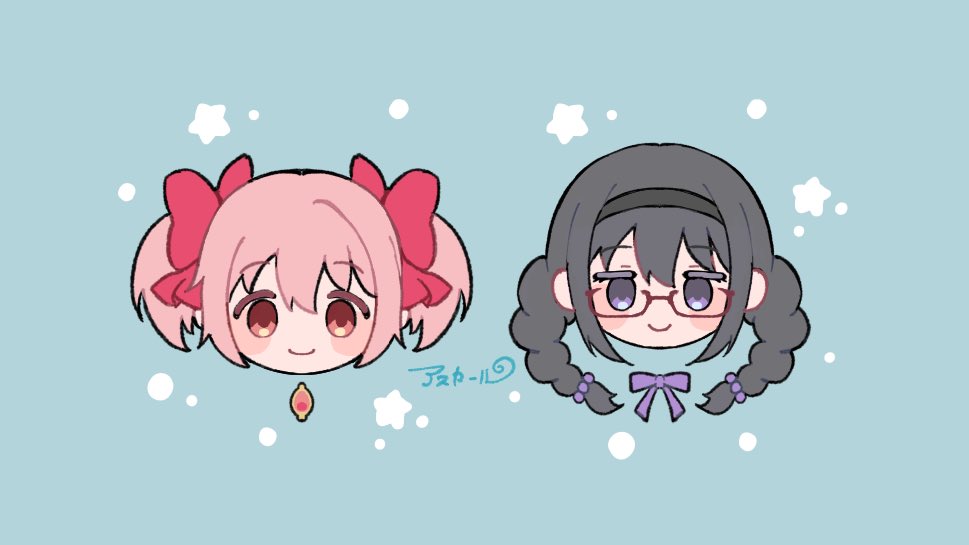 akemi homura ,kaname madoka multiple girls 2girls pink hair twintails braid glasses black hair  illustration images