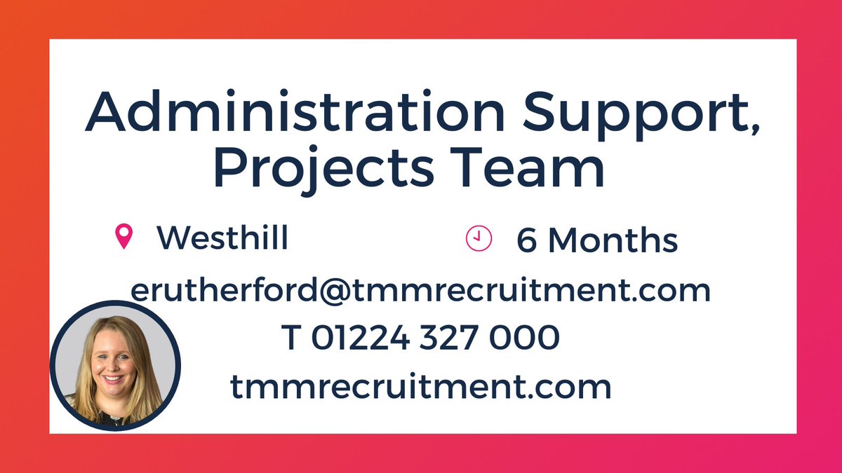 tmmrecruitment's tweet image. Administrative support   required to assist the busy Projects Team on a 6-month basis. 

For more information contact Emma Rutherford or view the   job spec at bit.ly/45XV8Sp. #JobsAberdeen #OfficeSupport #TMMRecruitment