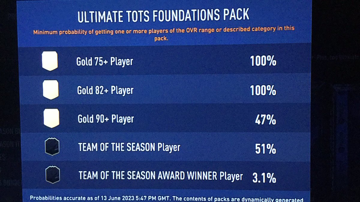 @EAFIFADirect A refund, or a new pack with the correct items needs to be placed in my account. Both Premium and Elite packs fail to list probabilities for TOTS or Award Winners. Here is a comparison between Foundation pack and Premium pack.