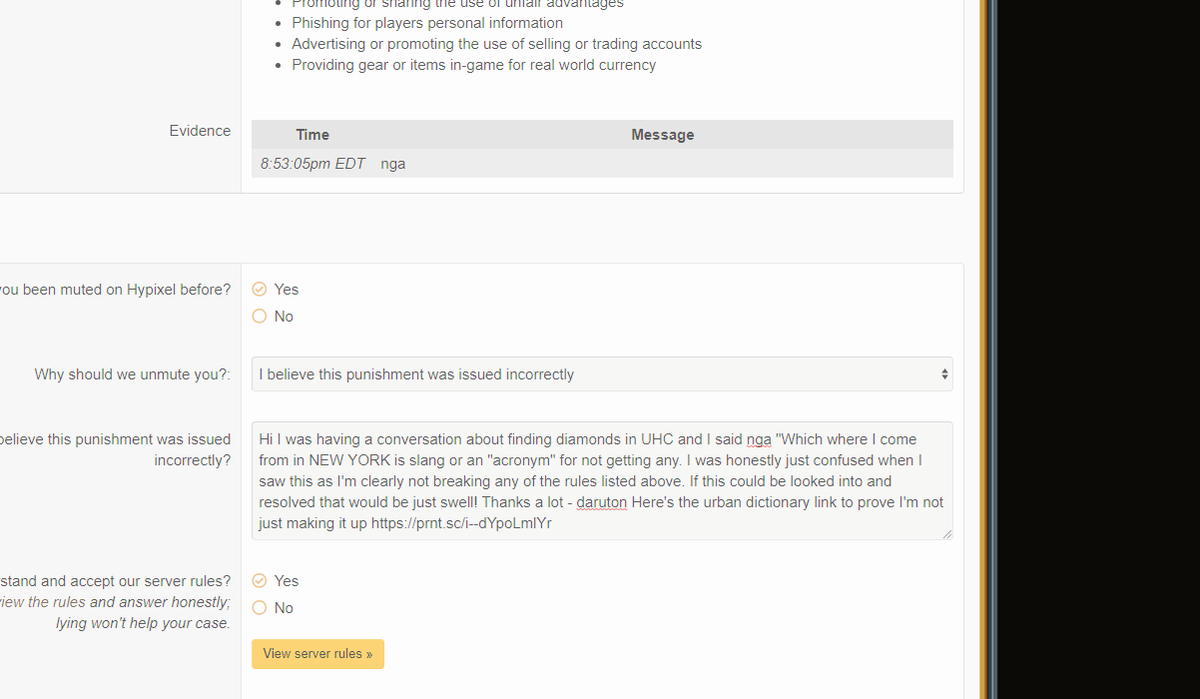 nathan_0920's tweet photo. @Simon_Hypixel I was just muted for two weeks on the server and the proof was not at all sufficient. I showed proof behind my mute including an acronym that they took out of context. I'm extremely disappointed as I didn't break any rules. Here's  the appeal I'm genuinely confused https://t.co/74afpSnBLu