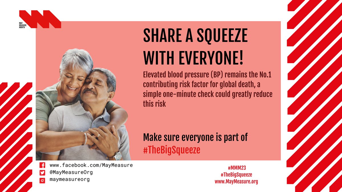 Share a squeeze with everyone! Elevated blood pressure can cause strokes, heart attacks and other cardiovascular complications. And most people don’t even know they have it. A simple, one minute arm squeeze could prevent this. Make sure everyone is part of #TheBigSqueeze #MMM23