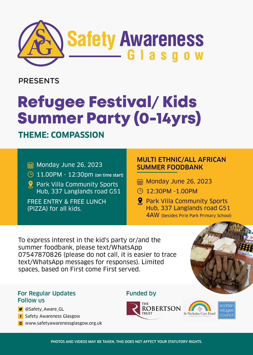 Safety_Aware_GL's tweet photo. Please send us a message (full details on the flyer) for your expression of interest in either or both of this activity. The activities will hold same day, at the same venue. Thanks to @scotrefcouncil @stnickcare @RobertsonTrust for making this possible #g51events https://t.co/sOX1cAHQhG