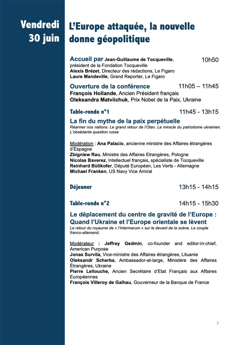 TocquevilleFDN's tweet photo. Nous sommes ravis de vous dévoiler le programme de la 5ème édition des #TocquevilleConversations qui auront lieu les 30 juin et 1er juillet au Château de Tocqueville. Le thème pour cette nouvelle édition : "L'Europe demain : Réarmer la démocratie" #democracy #UkraineRussianWar https://t.co/HawAZRxowX
