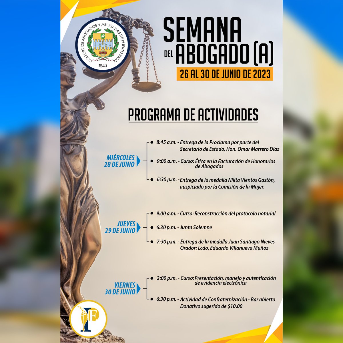 ¡Preparándonos para celebrar la 
Semana de la Abogacía!

Separa tu calendario, que aquí incluimos el programa de actividades: las oficiales, las solemnes, las educativas, los reconocimientos y la esperada confraternización en camaradería. 

Te esperamos con entusiasmo en la Sede.