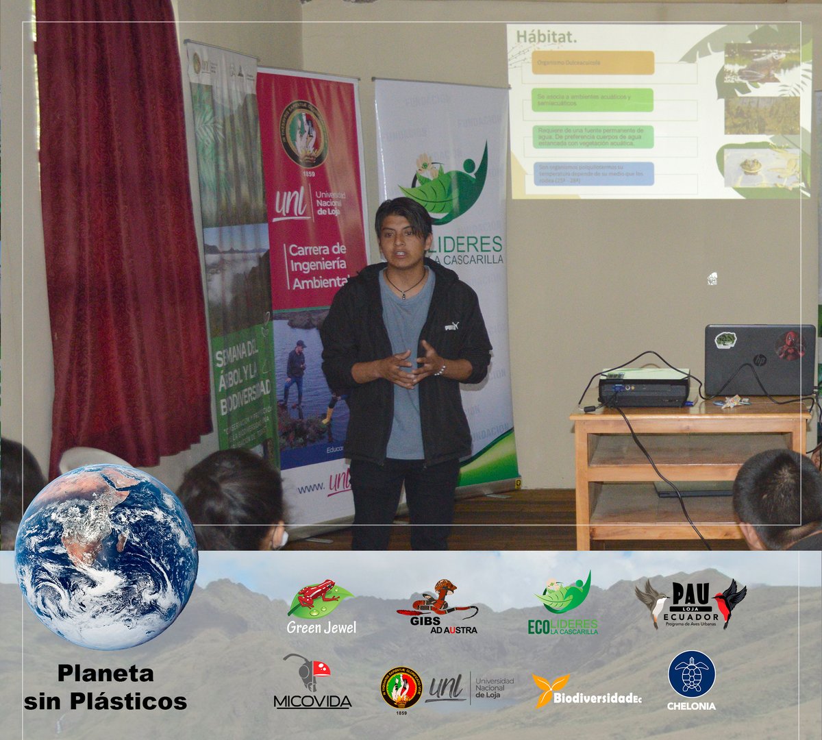 GrupoGreenJewel's tweet photo. MES DEL AMBIENTE
Ciclo de Conferencias "Planeta sin Plásticos"
#JorgeLoarte y #SaraChávez de #EcolíderesLaCascarilla compartiendo la charla: Introducción de la rana toro en Loja.
Evento organizado por #GreenJewel #UNL #EcolíderesLaCascarilla #MICOVIDA #GIBS #PAULoja #Chelonia https://t.co/rJ4cixLDCB