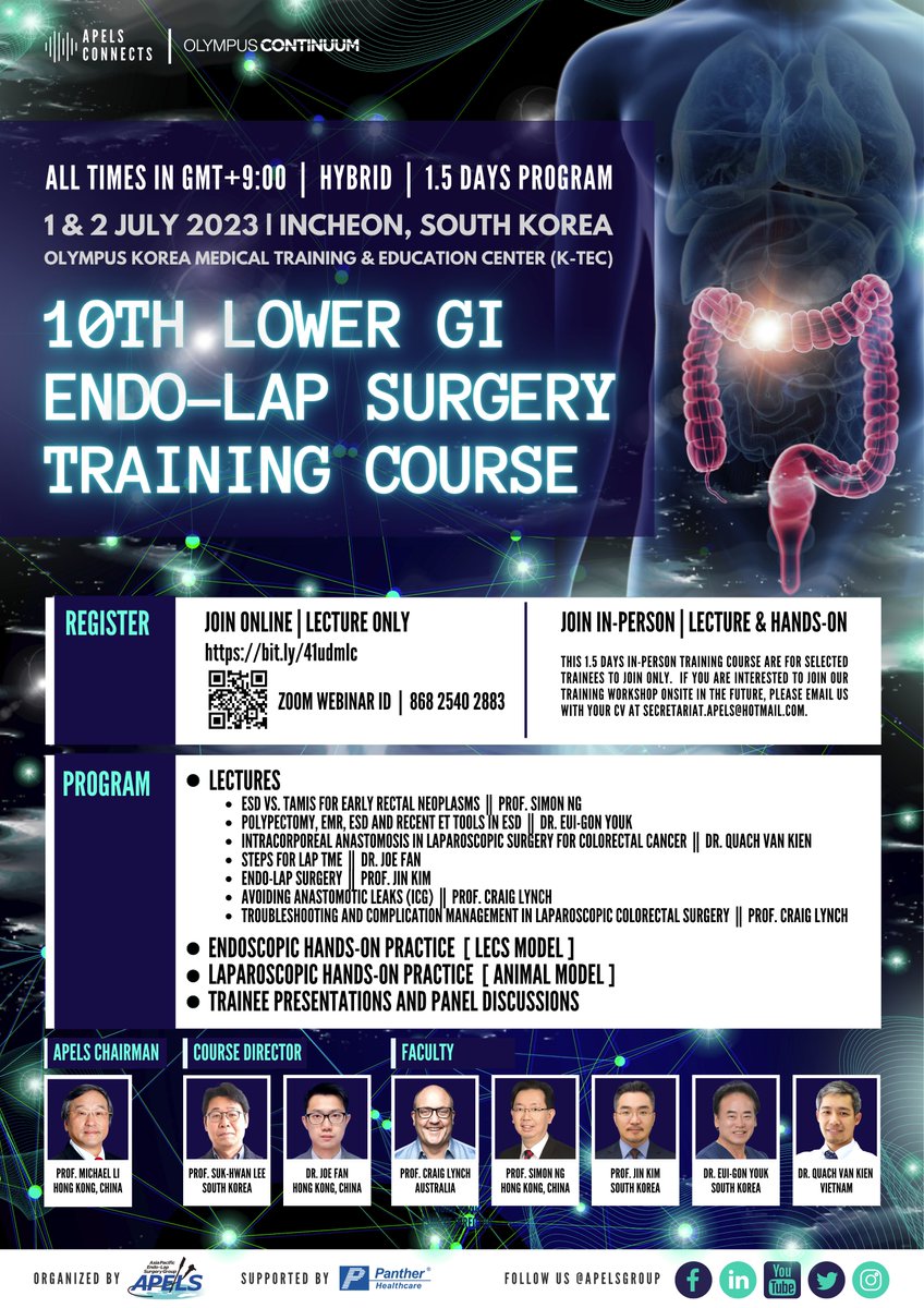 #APELSConnects Join the lecture and trainee perspective sharing sessions online via Zoom to learn from experts and peers, they will share insights and best practices on handling #EndoLap Surgery.  

𝗥𝗲𝗴𝗶𝘀𝘁𝗲𝗿 𝗡𝗼𝘄 bit.ly/41udmIc