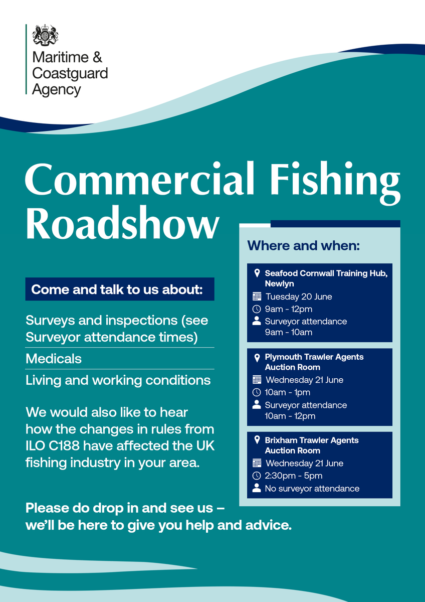 CFPO (@cornishfpo) on Twitter photo 🚨IMPORTANT: MCA drop-in session for southwest fishermen🚨
Next week <a href="/MCA_media/">Maritime and Coastguard Agency</a> will be in Newlyn, Plymouth & Brixham. Members, please use this as an opportunity to raise your concerns & ask questions, particularly about medicals, surveys & working conditions. Details below 👇 🚨IMPORTANT: MCA drop-in session for southwest fishermen🚨
Next week <a href="/MCA_media/">Maritime and Coastguard Agency</a> will be in Newlyn, Plymouth & Brixham. Members, please use this as an opportunity to raise your concerns & ask questions, particularly about medicals, surveys & working conditions. Details below 👇