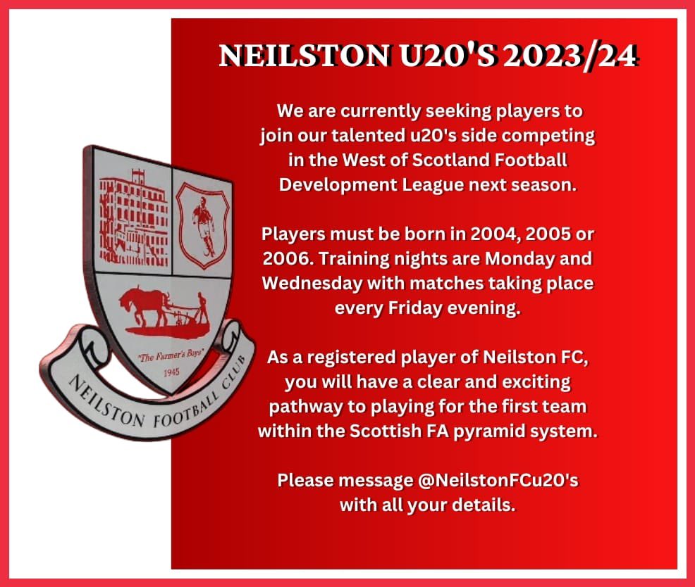 Exciting season ahead @Neilston20s with a very promising pathway to 1st Team 🔴⚪️