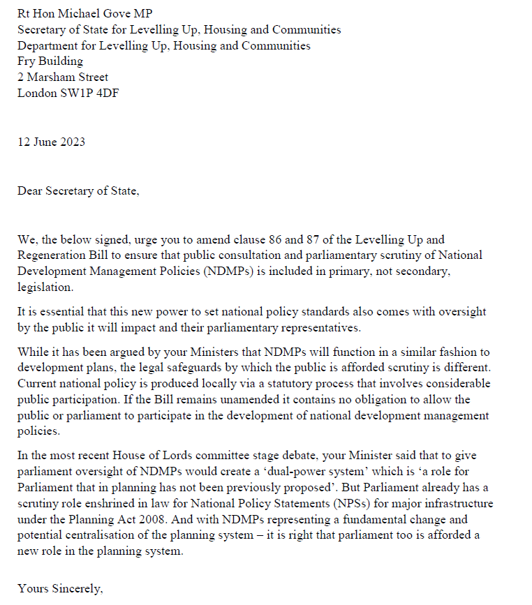 This week, 18 MPs from across the political spectrum wrote to Secretary of State Michael Gove concerning damaging proposals in the #LevellingUp Bill that threaten to turn the planning system upside down. @MichaelGove, it's not too late - let the public and parliament have a say!