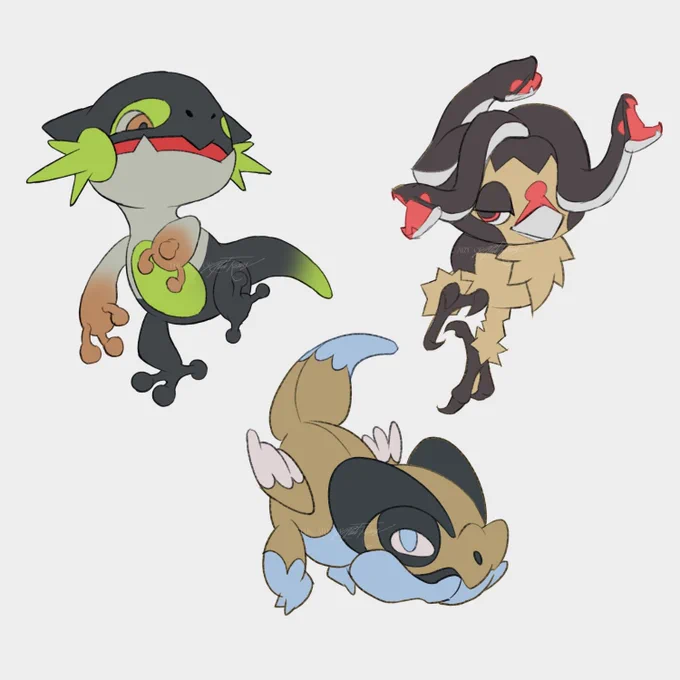 i was obsessed with fakemon dexes during scarlet x violet hype, but I couldn't make an entire one for myself, so I just redesigned my fave started trio!