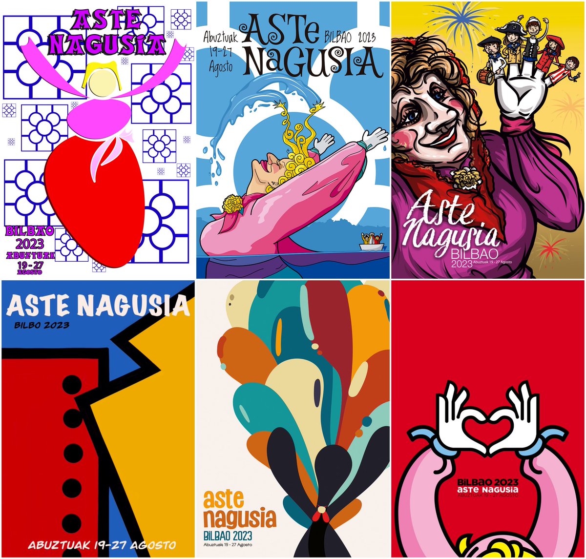 Las 6 imágenes finalistas que compiten para ser el cartel anunciador de #AsteNagusia2023
La votación online será a través de la página web del Ayuntamiento de Bilbao.

Al igual que en ediciones anteriores, la votación popular supondrá el 66% del valor de la decisión.