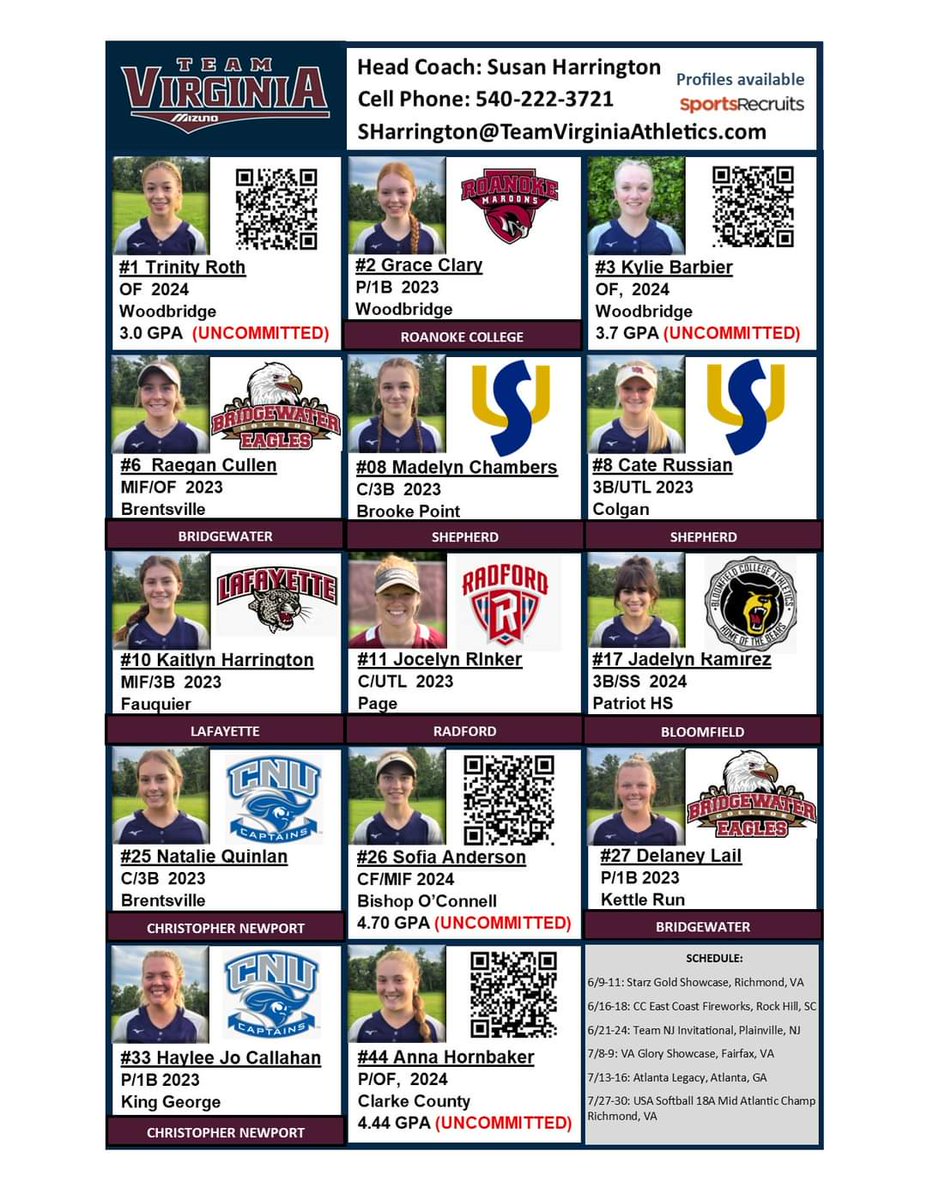 Four super talented uncommitted 2024's on our roster:

Anna Hornbaker (P) - 1st Team Region/All District.

Sofia Anderson (MIF/OF) - 1st Team State VISAA/ Region

Kylie Barbier (OF) - 1st Team District, 2nd Team Region

Trinity Roth (OF) - Cardinal District Honorable Mention