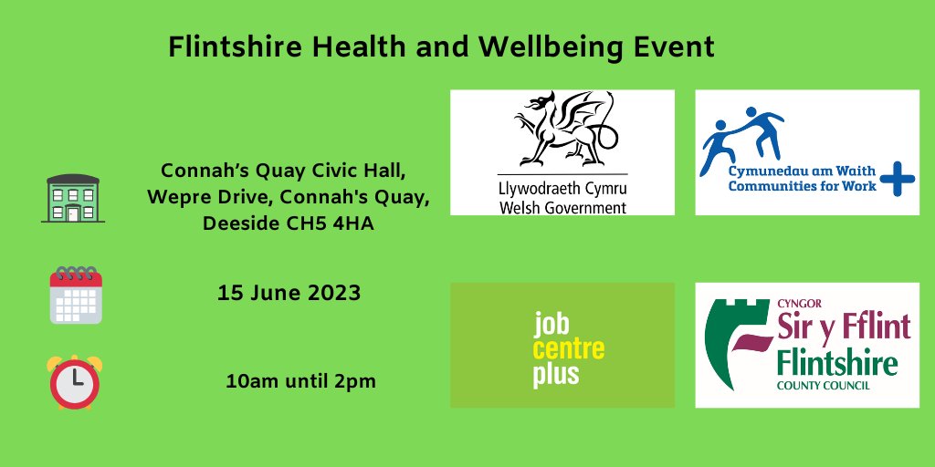 JCPinNEMidWales's tweet photo. Are you a #Flintshire resident with a health condition?

Come to our Health and Wellbeing event. 

Lots of advice, support and info on hand from partners like, @C4WFlintshire @_VisionSupport @WarmWales @Hftonline @NEWalesMind @GlyndwrUni @FLVCFlintshire @CyfleCymru and more! https://t.co/h18S49N4zF