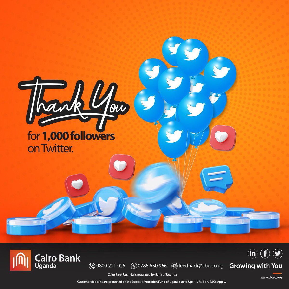 To our always growing community on Twitter, we are here to say thank you for 1,000 followers so far!

🎯 Cairo Bank Uganda - Growing with you!

#CairoBankUganda
