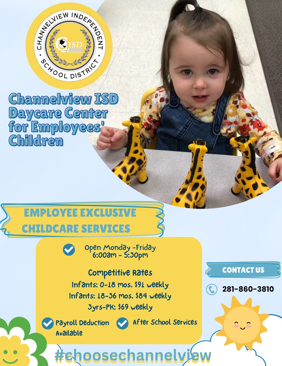 🍼🚼Did you know Channelview ISD has its very own daycare center for our employees' children? 😎
📢#choosechannelview