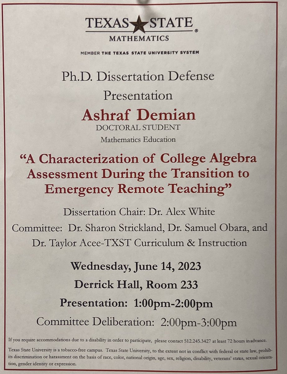 Dissertation defense today at 1pm DERR 233. Best wishes to Ash Demian! #TXST #mathed #Dissertation