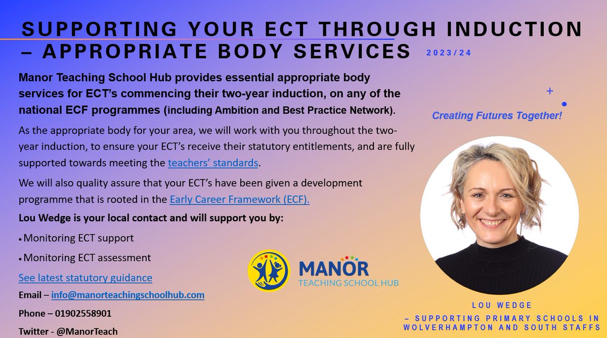 Meet Lou - if you are a primary school in #wolverhampton or #southstaffs she will be able to support you with your new #ECTs staring in Sept - come to our virtual info evening on 27th June to find out more. Register your Interest at manorteachingschoolhub.com