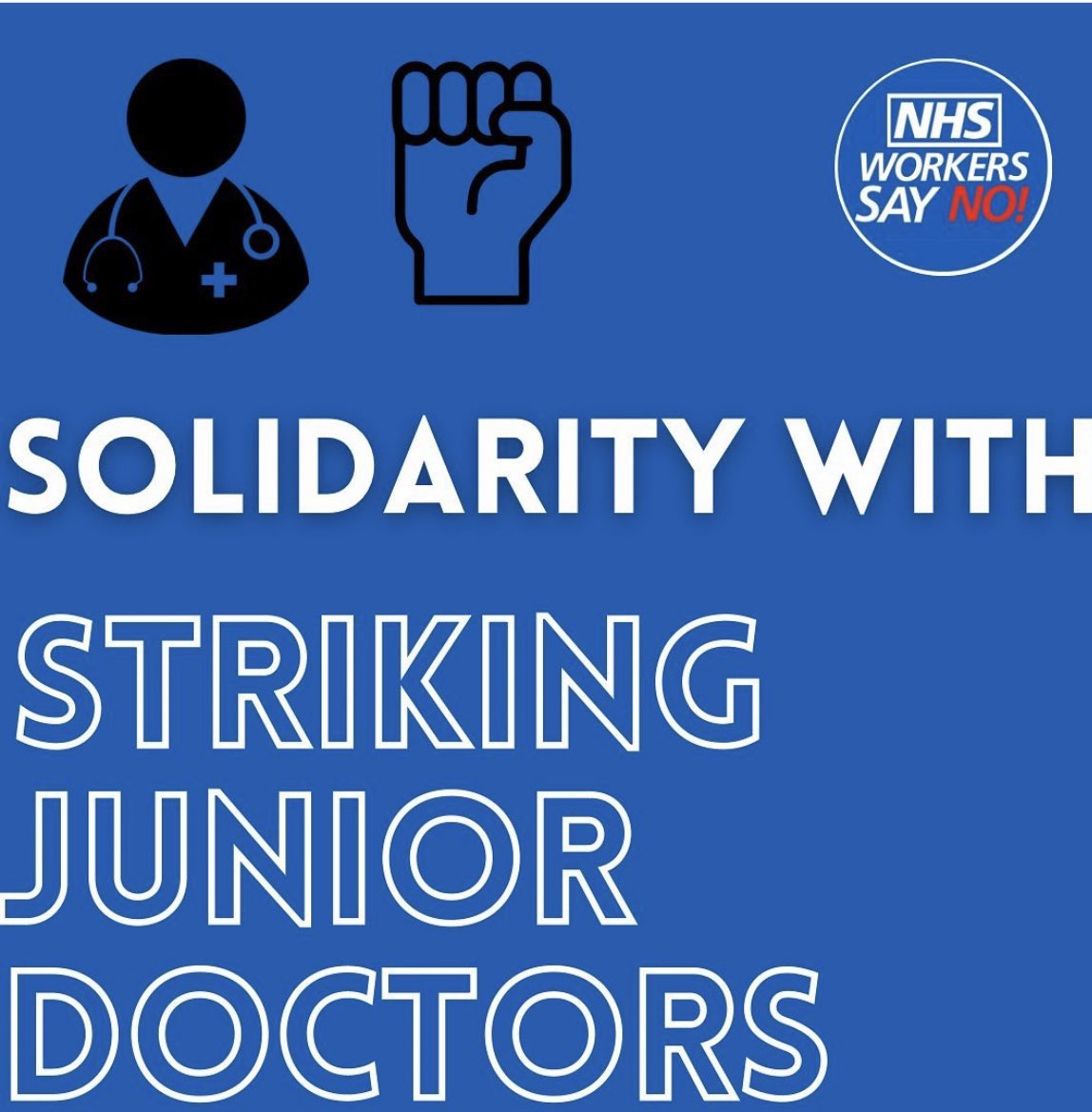 Good luck to the striking #JuniorDoctors!

Like all workers across the NHS, they’ve faced YEARS of real terms wage cuts as well as worsening working conditions!

#PayRestoration #solidarity #JuniorDoctorsStrike #JuniorDoctors #JuniorDoctorsStrikes