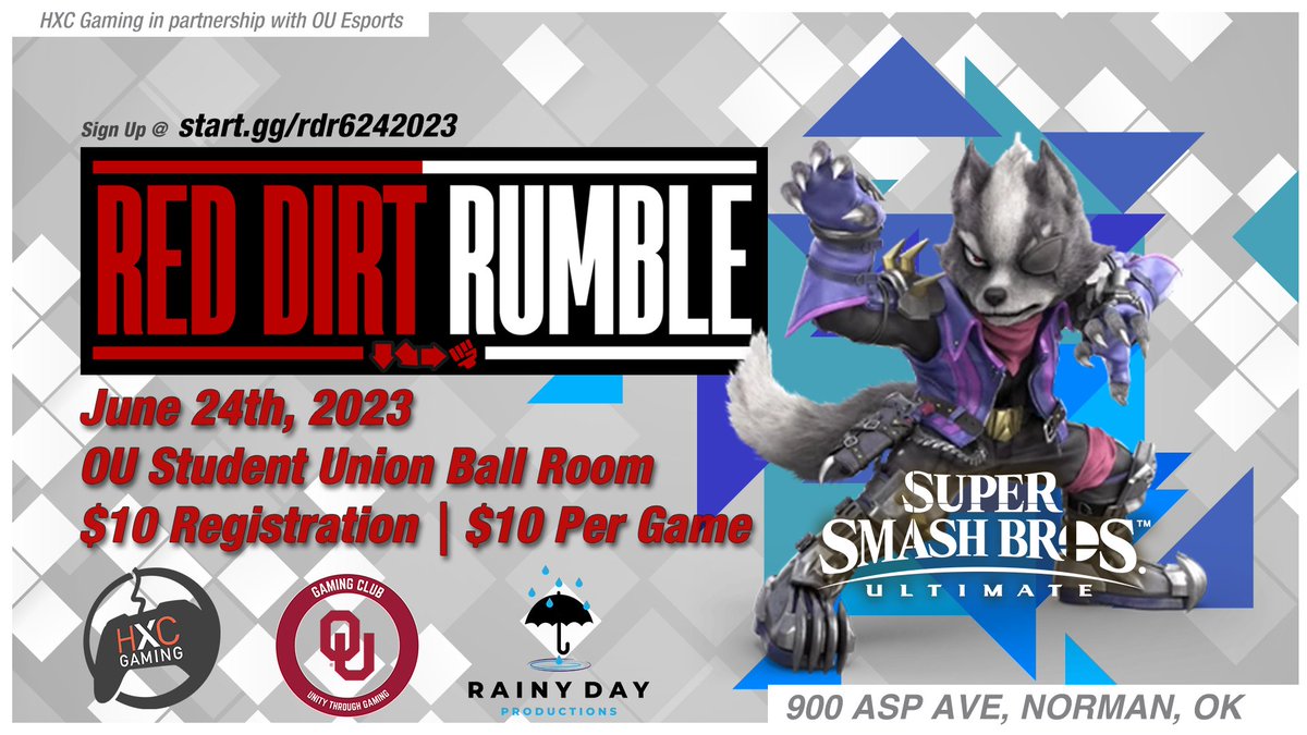 HXCGamingEvents's tweet image. 🎮 Smash Bros Ultimate Tournament 🏆 
📅 June 24th, 2023 
⏰ 12:00 pm📍 Norman, OK 📍 
💰 $100 bonus pot! 
🕹️ Register here: start.gg/rdr6242023 #SmashBrosUltimate #GamingTournament #NormanOK #OUGamingClub #HXCGaming #HardcoreGamers