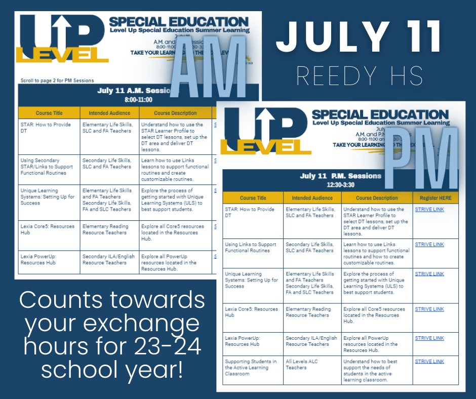 kmiddleton919's tweet photo. Looking๐for some summer learning?
How about a half day of training on STAR/LINKS, LEXIA, ULS and ALC. FISD SpEd Coaches, SpEd Liaisons, and teachers are welcome!
Sign up in STRIVE! AM & PM Sessions.
https://t.co/kaIcR7HPHA
#Learningneverstops #levelupyolearning @frisco_sped https://t.co/XAghXReRiI