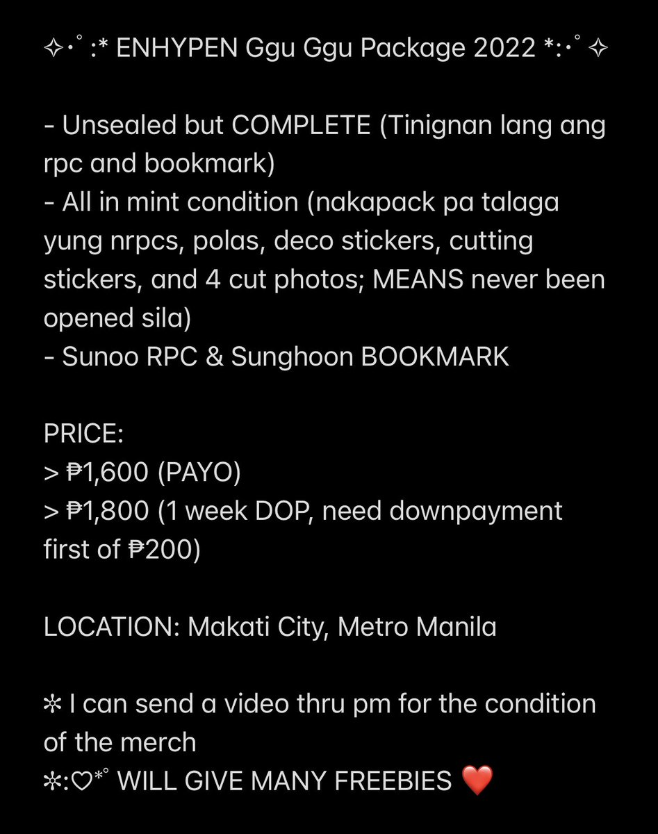 onidione_'s tweet photo. wts | lfb
#InoResells101
Enhypen Ggu Ggu Package 2022
- Unsealed but Complete Inclusions
- All in mint condition
- ₱1,600 PAYO / ₱1,800. 1 week DOP with 200 DP
Location: Makati City, Metro Manila
More info on the pic below:
# enhypen ggu ggu package 2022 https://t.co/0DMwbYLw3J