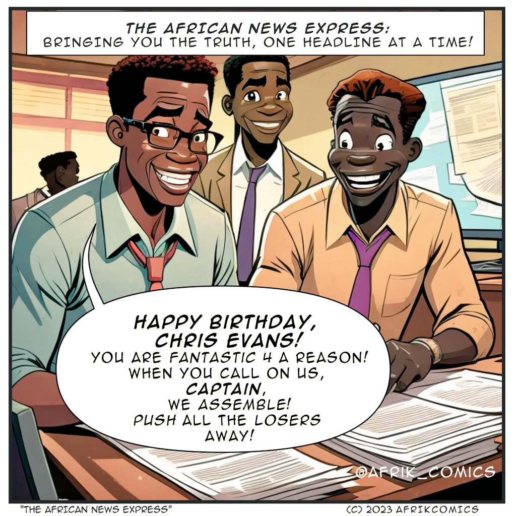 AFRIK_COMICS's tweet photo. African News Express (010) - Happy birthday, Captain! 

#comicstrips #marvelcomics @ChrisEvans #captainamerica 
#african #afrik_comics @MarvelStudios https://t.co/5IYboSa9nY