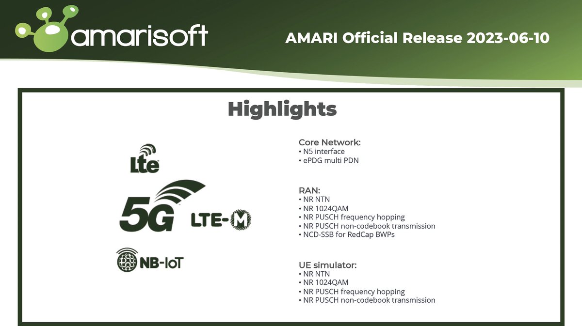 amarisoft (@amarisoft) on Twitter photo Check our latest software release with new features for Core Network, RAN and UE simulator
#NTN #SimpleRAN #5G #IOT #LTE #NR #testing #privatenetworks #private5g Check our latest software release with new features for Core Network, RAN and UE simulator
#NTN #SimpleRAN #5G #IOT #LTE #NR #testing #privatenetworks #private5g