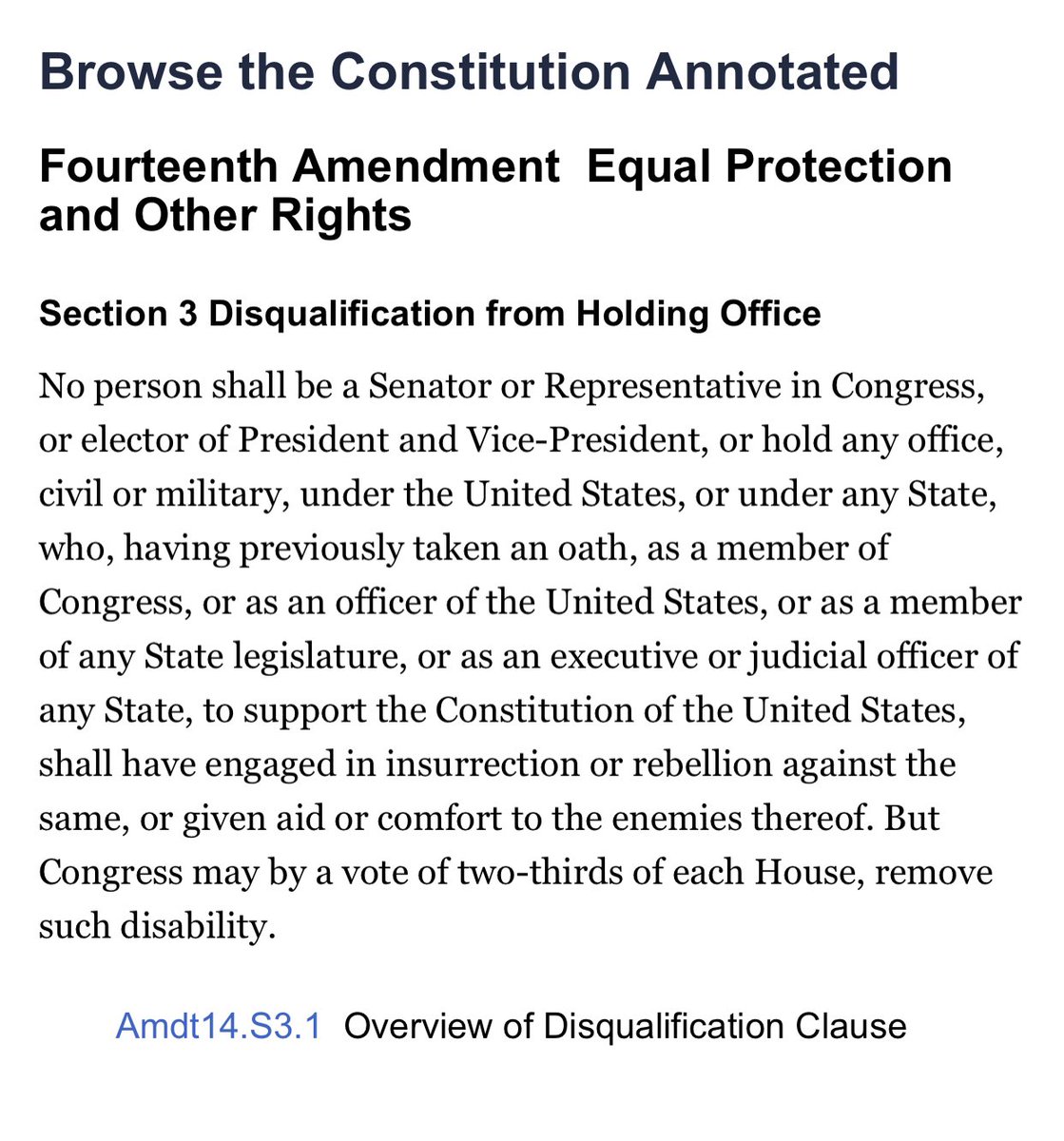 MadeInTheUSANJ's tweet photo. Disqualification clause of the United States Constitution:

Donald J Trump is Constitutionally disqualified from holding public office of any kind ever again in the United States of America.

Donald Trump is NOT a political opponent.

Source:
https://t.co/HuJF90BN33 https://t.co/YNe9uzVdqm